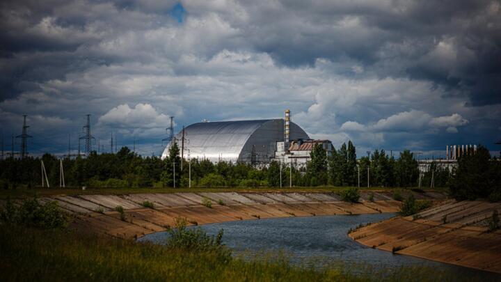 A photograph shows the New Safe Confinement at Chernobyl Nuclear Power Plant, which covers the number 4 reactor unit, on May 29, 2022.